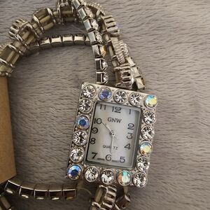 GNW brand stretch elastic silver/aurora borealis watch & bracelet